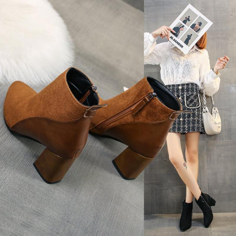 Women's Square Suede Short Boots New British Style Thick-heeled Boots Back Zipper Boots