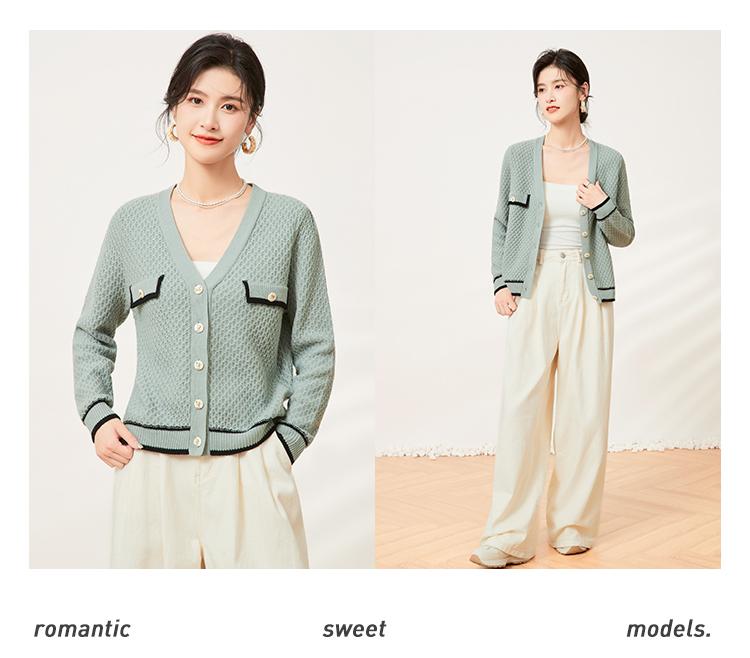 Spring and Autumn Solid Color V-Neck Long-Sleeved Jacket with Contrasting Design Women's Knitted Sweater