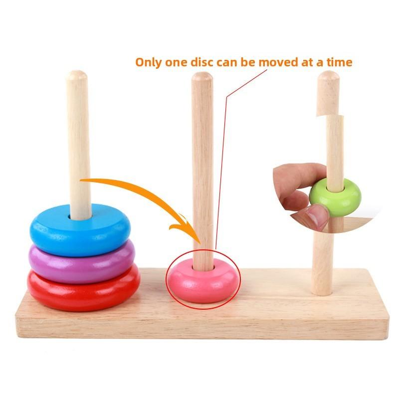 Wooden Toy Tower Of Hanoi Puzzle With Rainbow Rings For Kids Educational Play