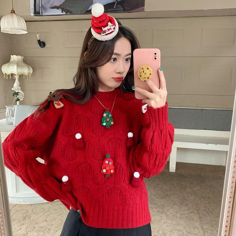 

Merino Wool Christmas Series Round Neck Knitted Sweater: Casual, Loose, Fashionable Top for Women One Size рожевий