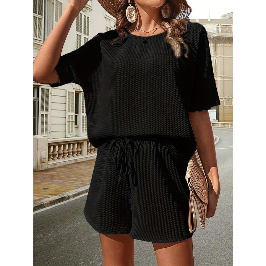 Neues Damen Kurzarm Set - Modisches Fledermausärmel Top mit Shorts Zweiteiliges Outfit