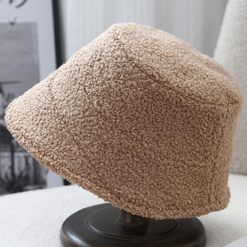 Solid color lamb wool bucket hat women's autumn and winter new simple warm and cold versatile wide brim casual ear protection bucket hat