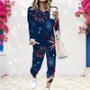 Women Plus Size Round Neck Long Sleeve Navy Printed Two Piece Set Cuffed Top Cuffed Pants With Pockets
