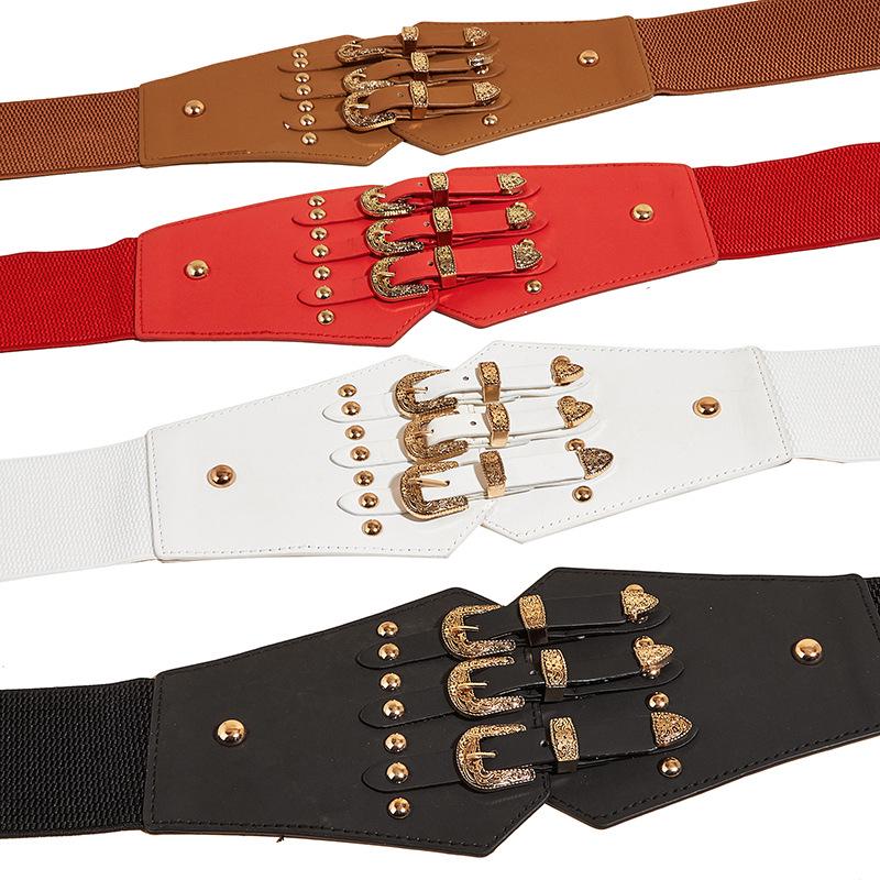 Damen Dreiteiliges Ledergürtel-Set: Schnallen-Taillenformer, Jacke mit Hemd-Dekor, Elastischer Nietengürtel