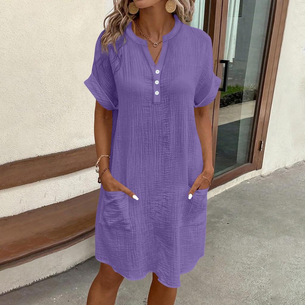 Damen V-Ausschnitt Knopf Kurzarm Kleid mit Taschen Lockerer Schnitt Lässiges Leichtes Tunika-Kleid für den täglichen Gebrauch