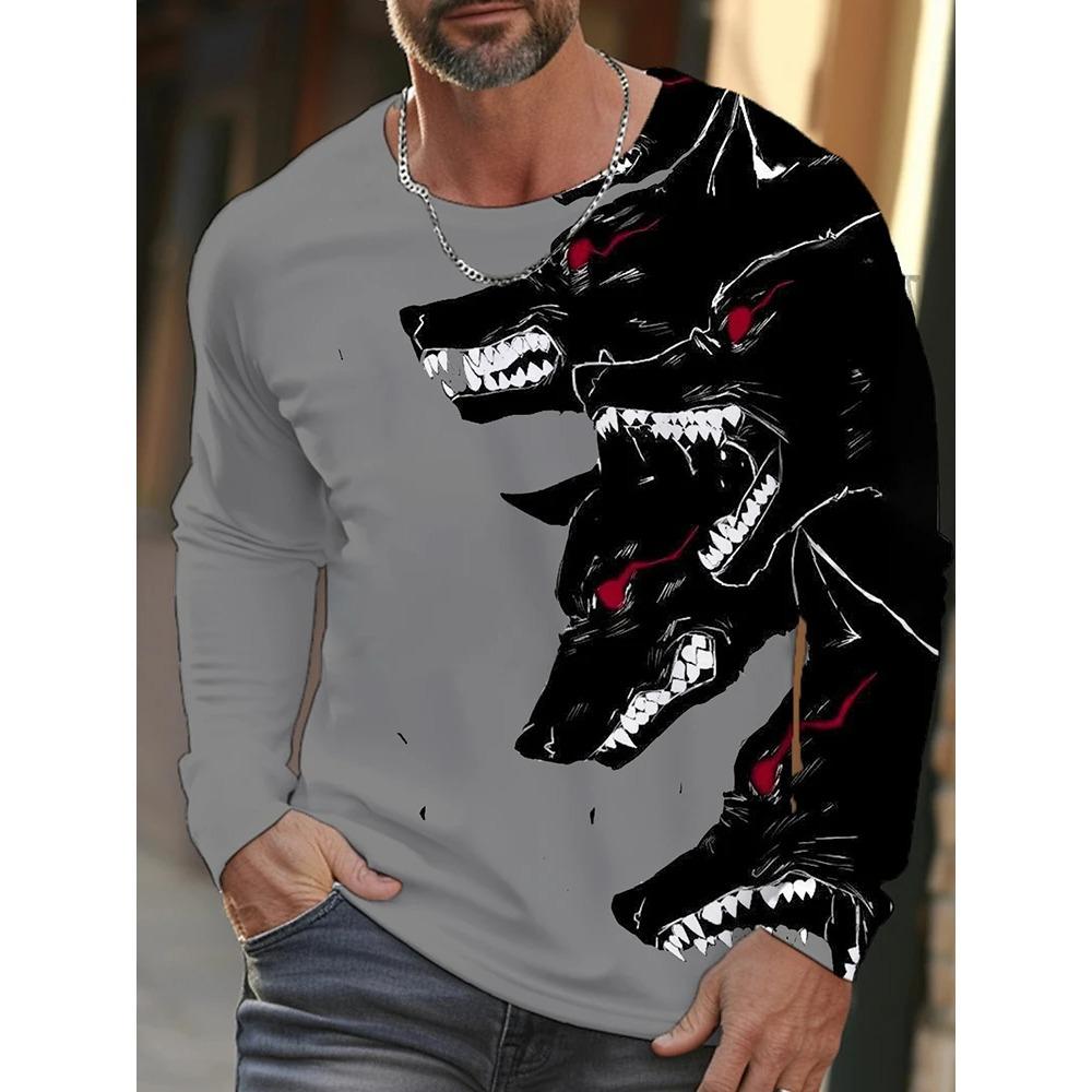 Spring and Autumn Round Neck 3D Animal Wolf Lion Pattern Printed Top Fashionable Casual Long Sleeved Men's T-shirts