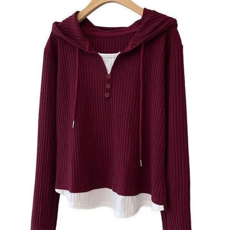 Women S Plus Size Hooded Long Sleeve Fake Two Piece T Shirt Loose Casual Top