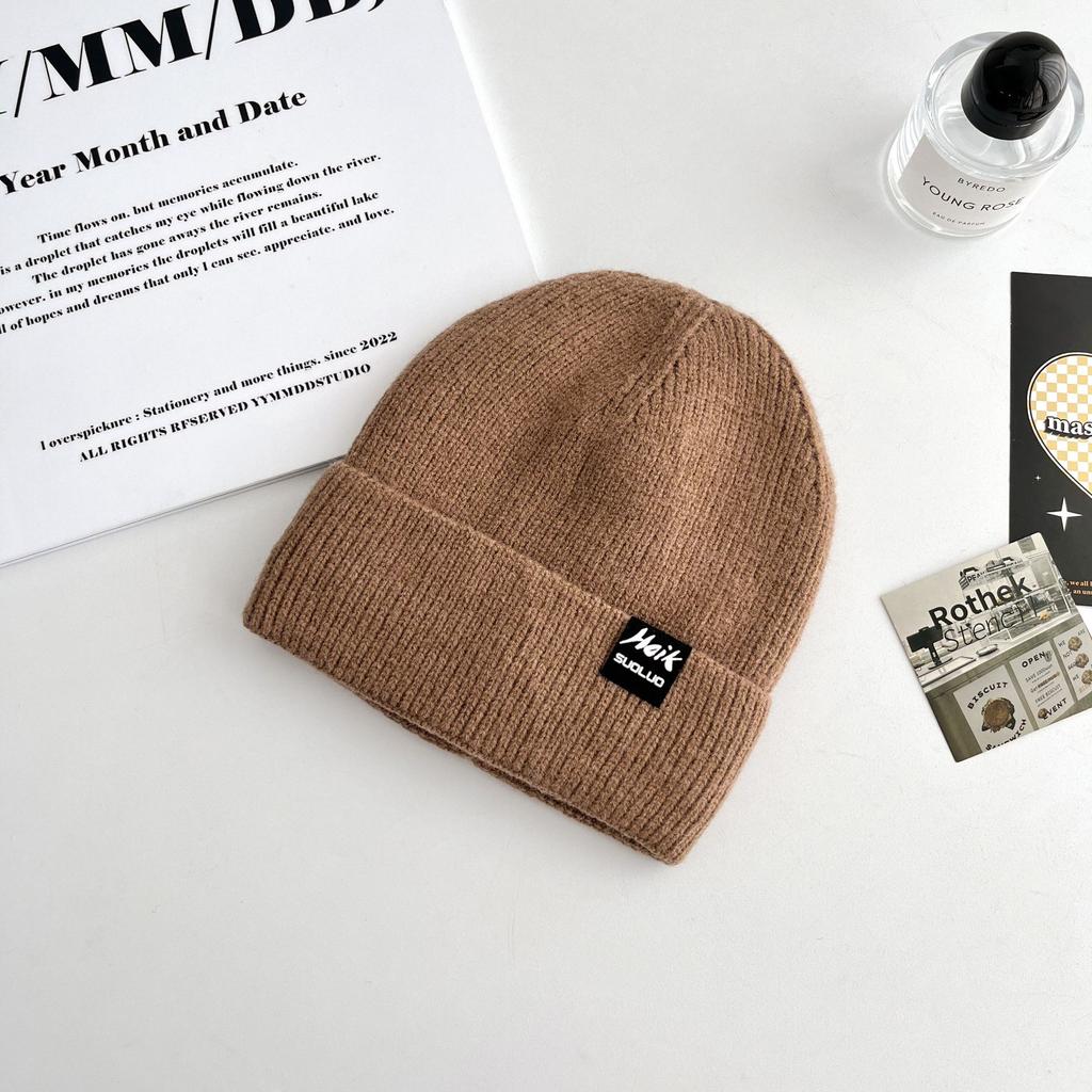 Korean Version of All-match Letter Labeling Flip Hat Brim Wool Hat Windproof Cold Hat Autumn and Winter Warm Knitted Hat Label