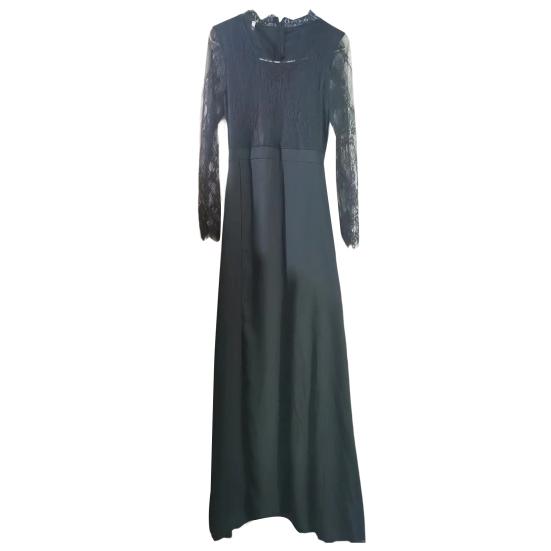 Women Evening Dress Solid Color Elegant Sweet Pleated Temperament See-through Lace Sexy High