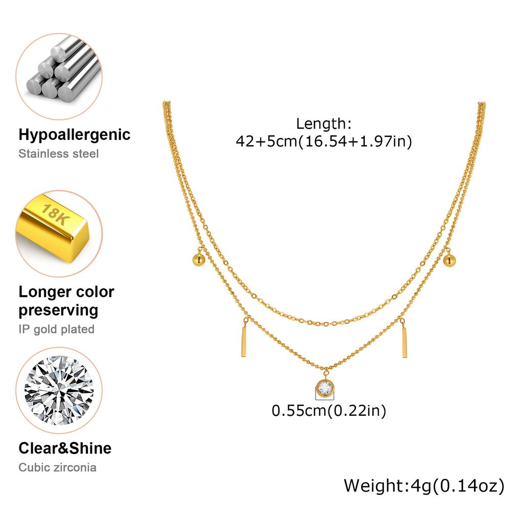 Trendy Stainless Steel Zircon Double-Layer Necklace, Gold Plated Beads Chain Charm Necklace, Luxury Delicate Jewelry for Women