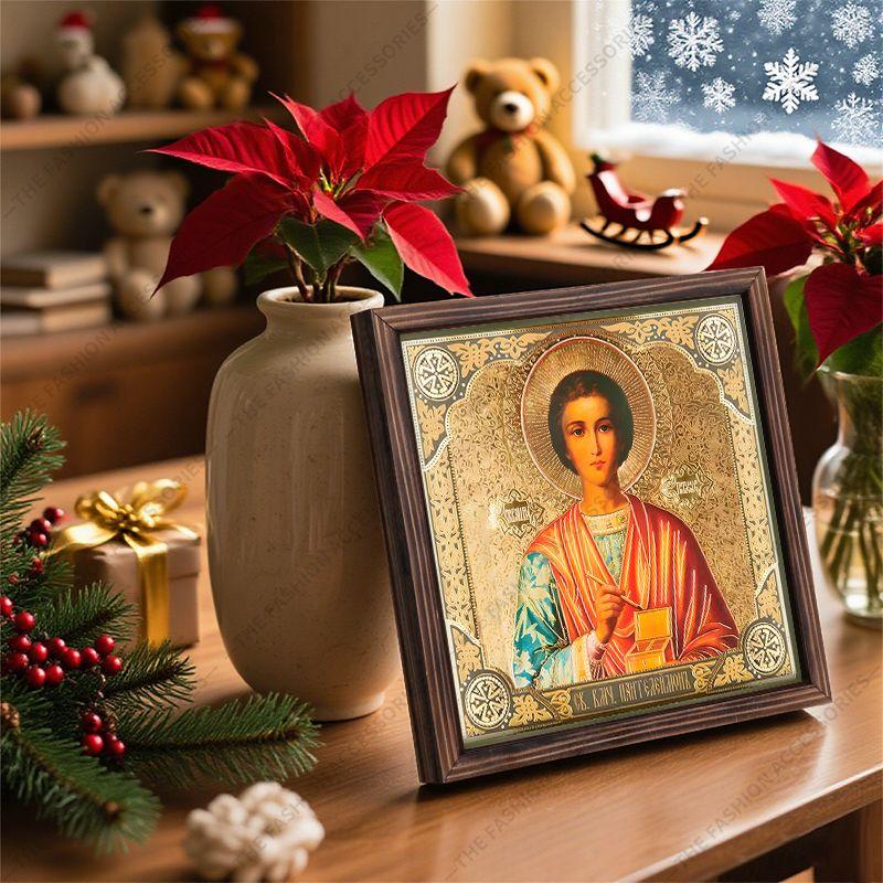 Dekoratiivne maalimine õigeusu ikoonidele, Pühitsetud ikoon "Püha Panteleimon Tervendaja", Fotoraami maalimine, Kristlik seinakunst, 20cm*20cm, Vaimulik kingitus