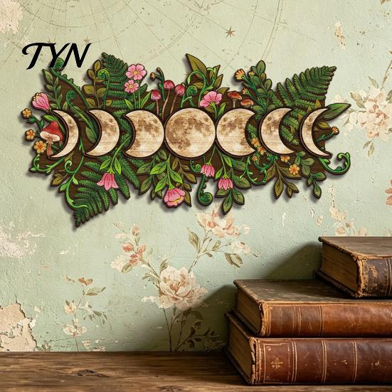 Rustic Bedroom Decor Boho Moon Mushroom Wall Hanging Decor, Vintage Forest Multi-Layer Wooden Plaque, Floral Nature Inspired Art Butterfly Themed