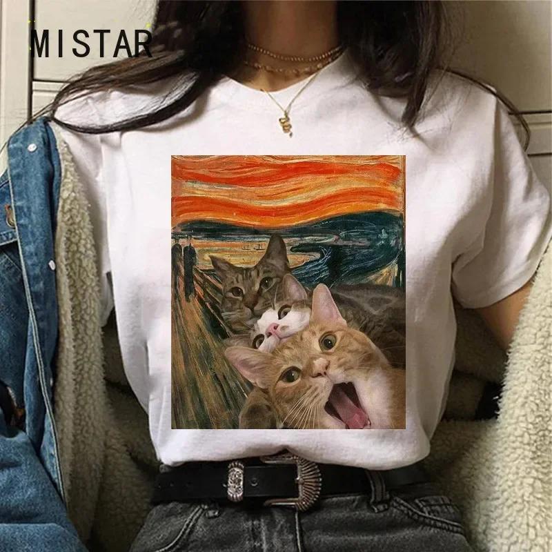 

Tshirts Women Cat Oil Painting Printed Funny Graphic Tee Shirt Summer Short Sleeve Casual White Tops Harajuku Clothing S