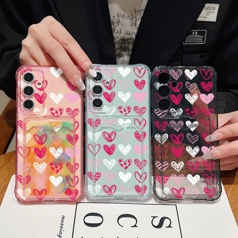 Pink Love Hearts Pattern Shockproof Clear Case For Samsung S24 FE S23 Ultra S22 A16 A55 A54 A35 A15 Soft Silicone Card Slot Transparent Phone Cover