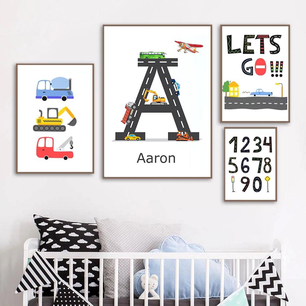 Customized Name Nursery Wall Art Personalized Wall Poster Print Traffic Car Letter Canvas Painting Pictures Kids Baby Room Decor