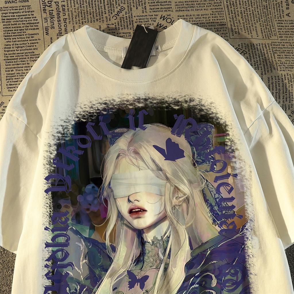 Dream Blindfold Girl Character Print T-Shirt Women & Men Summer New Retro 100% Cotton High Street Fashion Brand Versatile