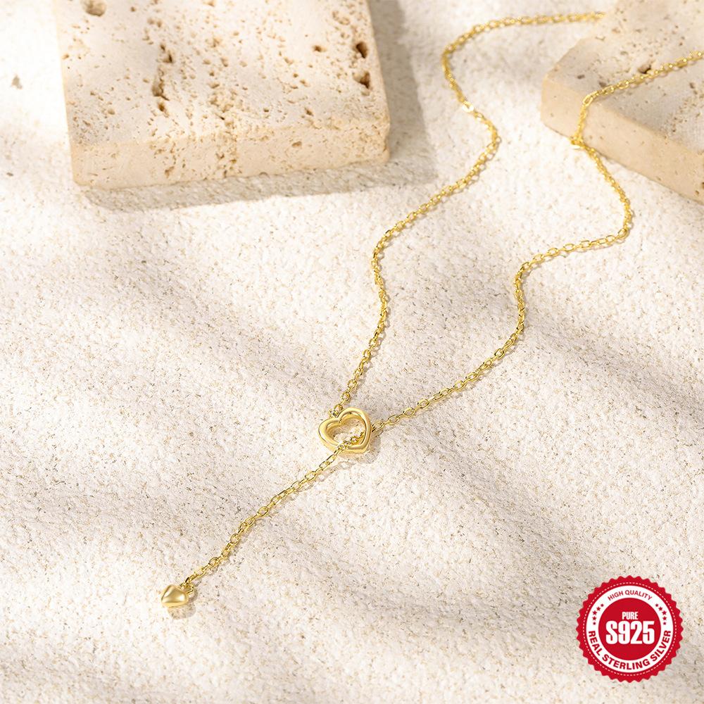 Stylish And Simple Style S925 Sterling Silver Personalized Double Heart Y-Shaped Women'S Collarbone Necklace Girlfriend Gift