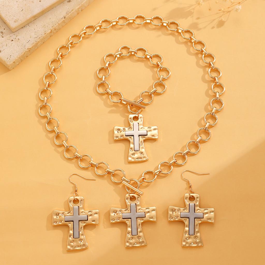 High quality heavy industry simple exaggerated ring Cuban chain cross pendant punk trend earrings bracelet jewelry set