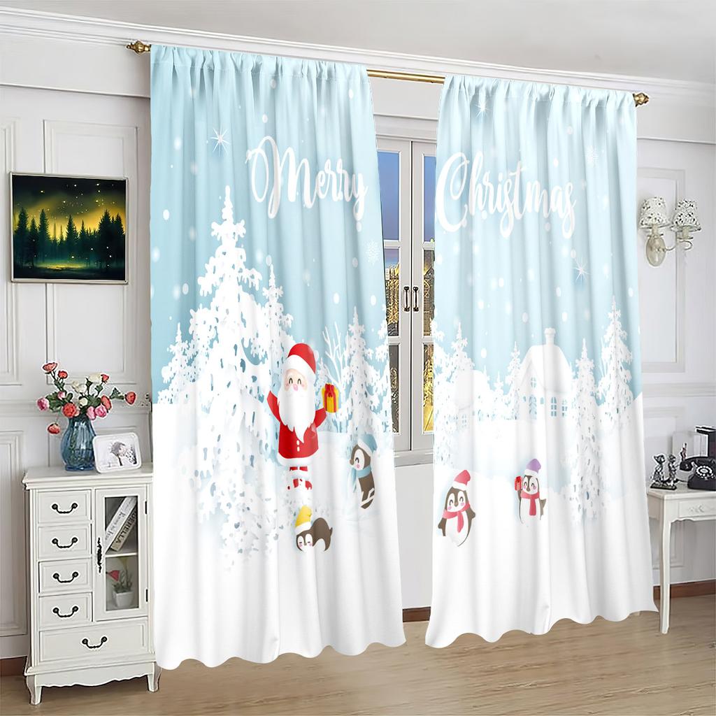 2pcs- Winter Christmas Decorative Printed Curtains for Bedroom, Living Room, Study, Private Space