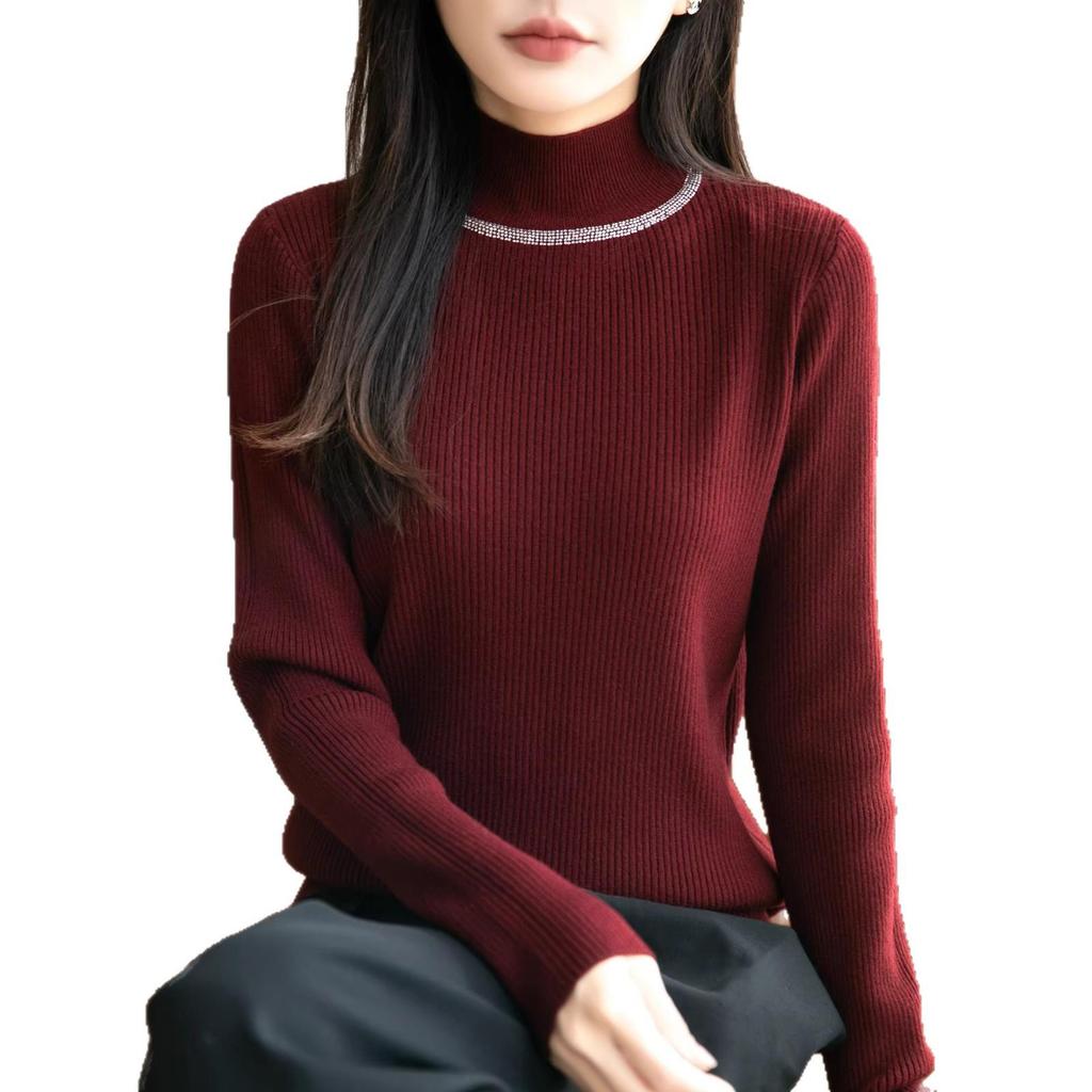 2026 Rhinestone High Neck Slim Fit Women's Knitwear Sweater - Chic Autumn Winter Base Layer