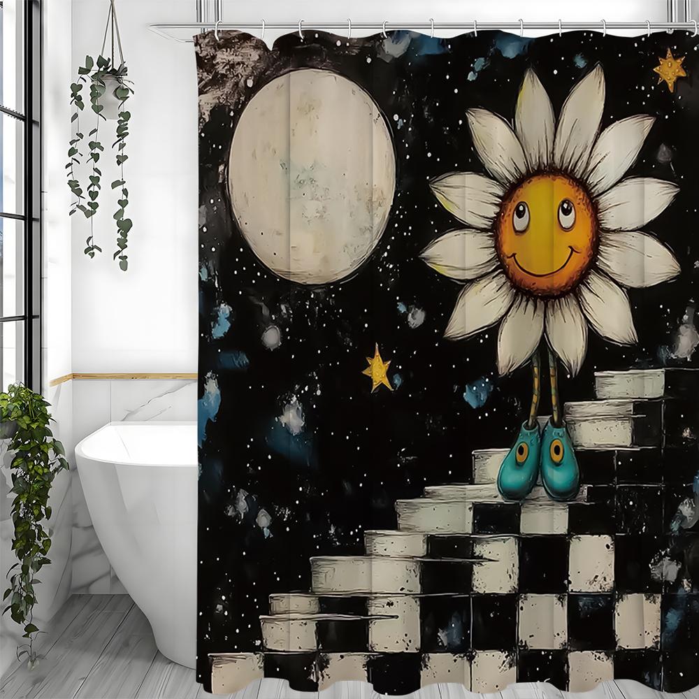 Cute Cartoon Sunflower Moon Steps Shower Curtain, Bathroom Decorative Shower Curtain, Waterproof Shower Curtain with Hooks