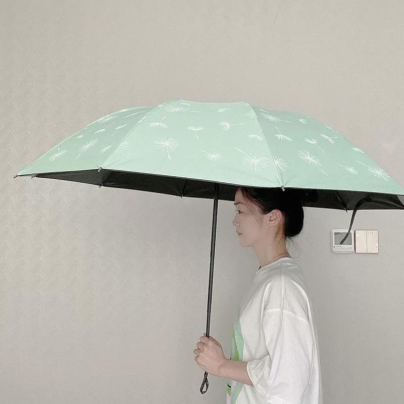 Ten-Bone Large Double Umbrella Small Fresh Sun Umbrella Vinyl Sun Protective Sun Shade Rain Dual-Use Triple Folding Umbrella Female Manual