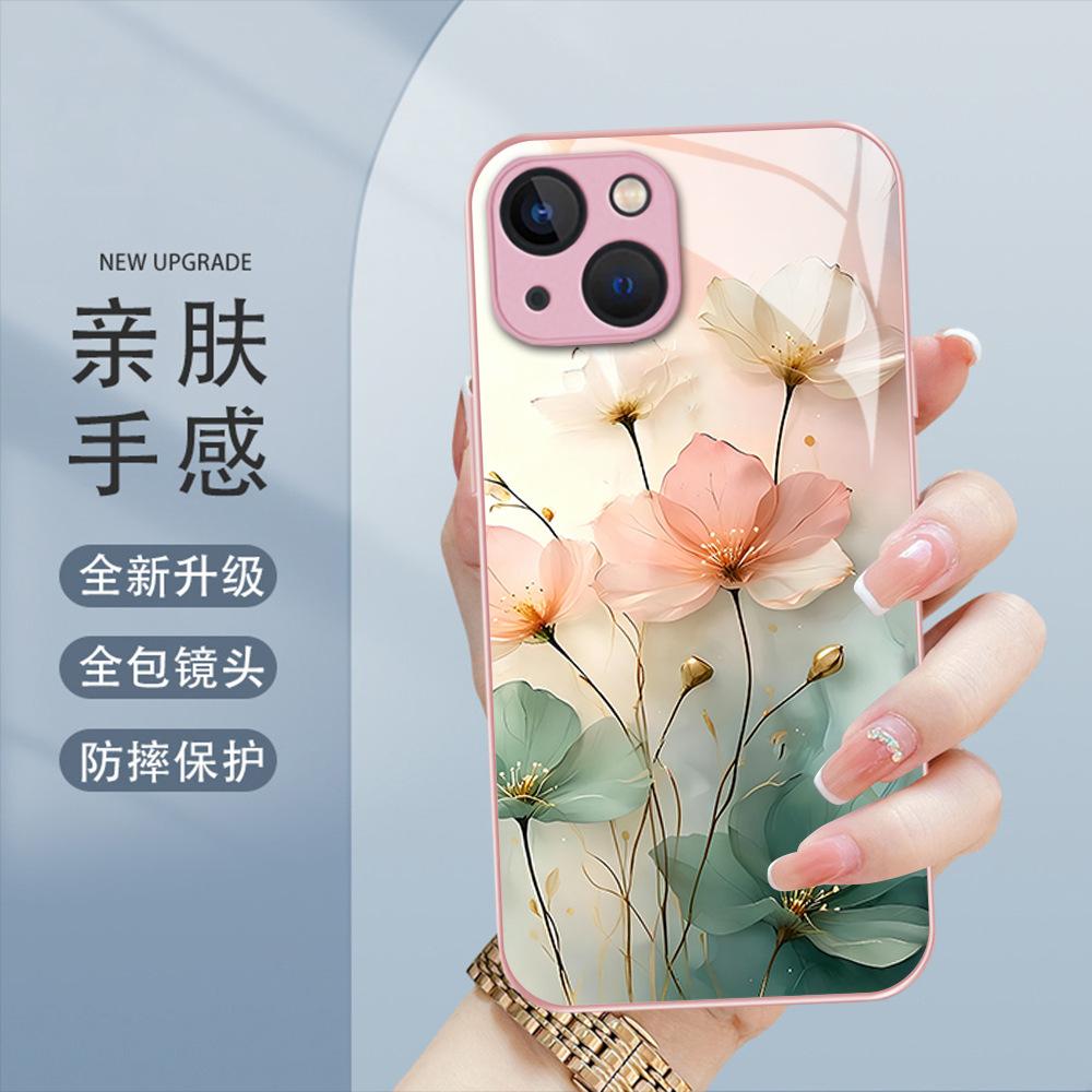Ins Wind Small Fresh Oil Painting Flower Mobile Phone Case iPhone14 High Sense Niche Apple 17p Glass Protective Case