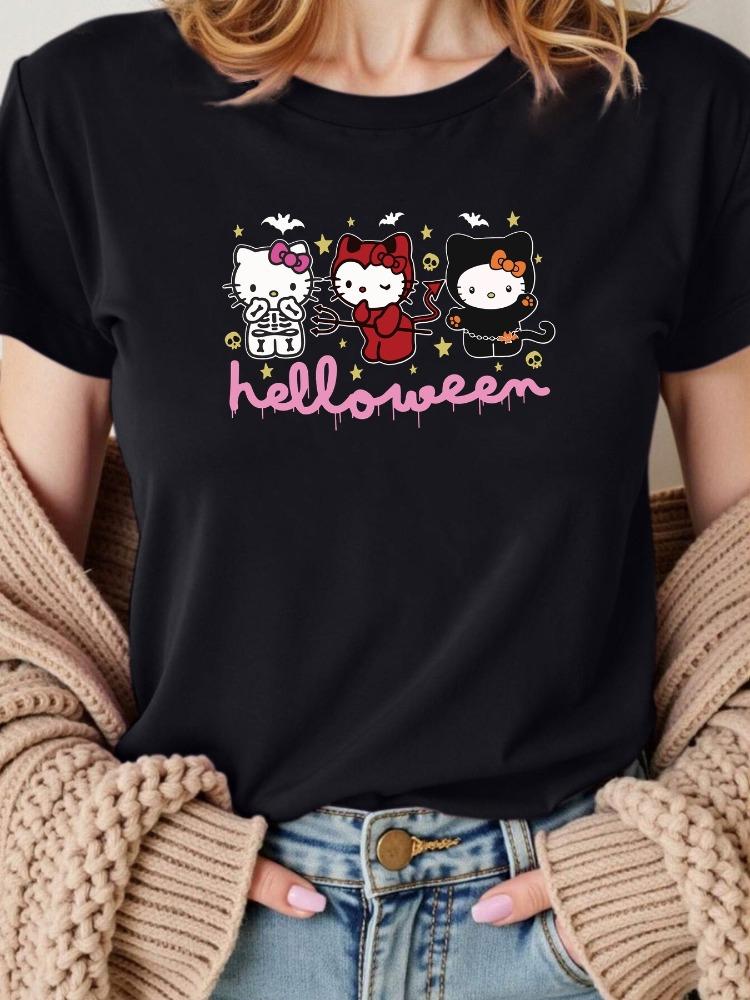 Hello Kitty Halloween Pattern Womens TShirt Summer Short Sleeve Round Neck Loose Top with 3 Cute Hello Kitty Prints S