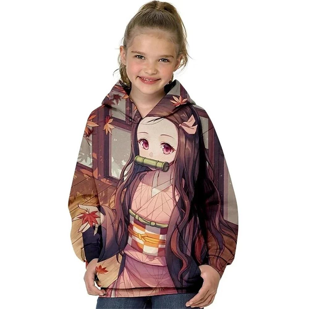 New Autumn Winter Kids Demon Slayer Hoodie Cartoon Pullover Casual Long Sleeve Hooded Clothing Boys Girls Fashion Coat With Hat