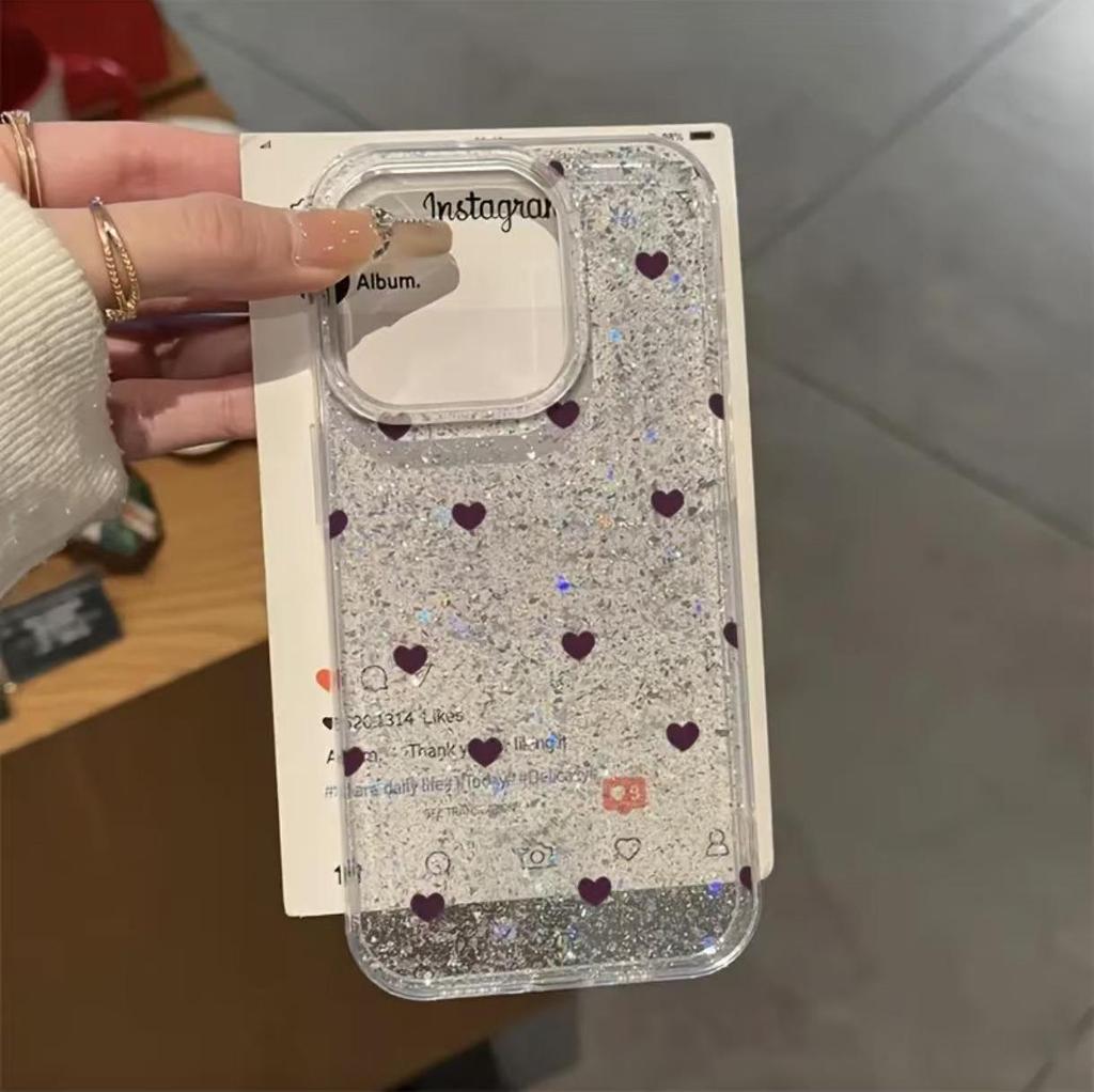 Glitter Heart Case for Apple 16 Pro Max and 15 Pro - Full Coverage, Cute Design.