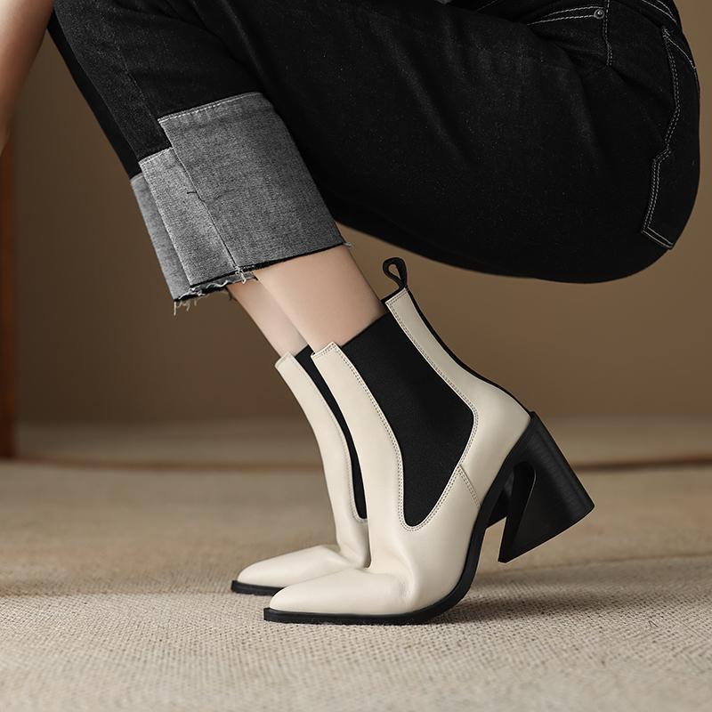 Basic Damen Echtleder Stiefeletten Herbst Winter Strange High Heels Schuhe Frau Reif Spitzschuh Bürodame 2024 Stiefel