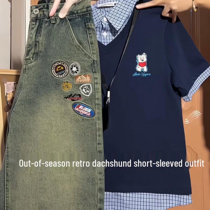 

Women s Summer Retro Puppy Print Plaid Polo Collar Short Sleeve Cotton T-Shirt XL [120-135 lbs]