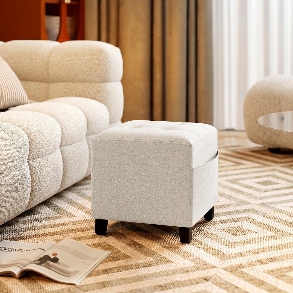 Small Ottoman, Square Footstool with Side Pocket, Rubber Wood Legs and Padded Seat for Living Room, Beige