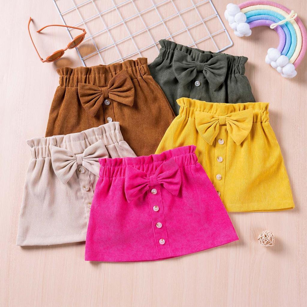 Girls' Corduroy Half Length Skirt Sweet Children's Wear Bow Skirt Short Skirt Elastic Waist Versatile