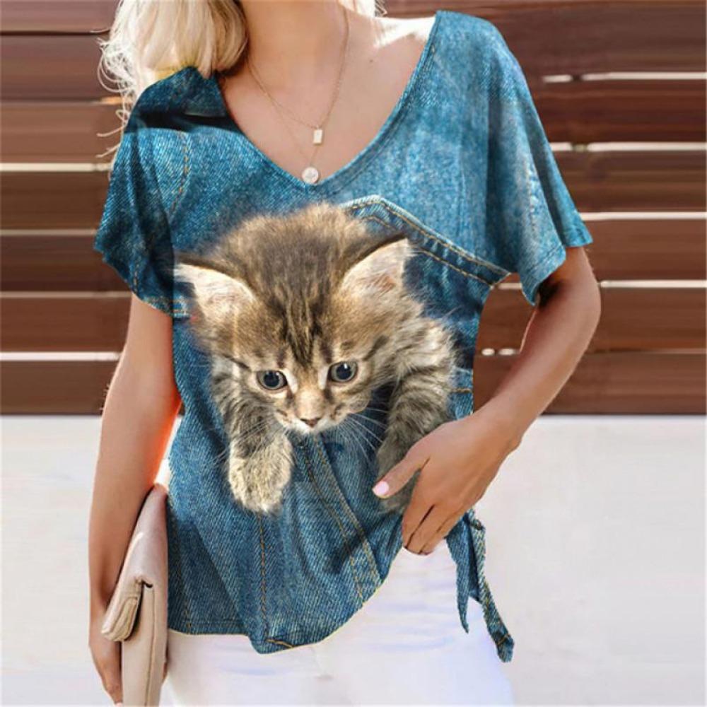 Summer Lovely Cat 3D Print T-Shirts Women Casual V-Neck Short Sleeve T Shirt Y2k Harajuku Animal Tees Loose Tops Female Clothing