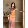 Autumn and winter new French holiday style tie-dye dress women's waist pinch waist waist long dress beautiful orange smudge skirt