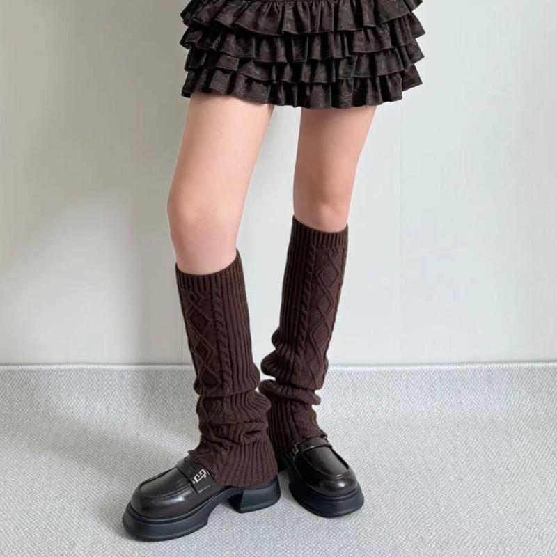 Fashion Rhombus Pattern Wool Leg Covers Cable Knitted Leg Warmers for Cold Weather Footless Long Boot Socks Hosiery