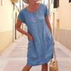 2024 Sommer Damen Lose Einfarbig Tasche Kurzarm Baumwolle Leinen Kleid