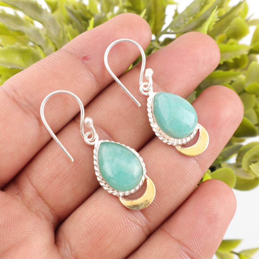 Amazonite Gemstone 925 Solid Silver Jewelry Handmade Earrings 1.5" Gift For Wife EE-162-30
