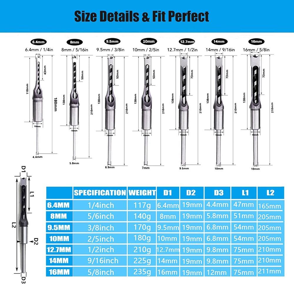 7pcs 1/4in 5/16in 3/8in 2/5in 1/2in 9/16in 5/8in Square Hole Drill Bit Woodworking
