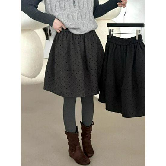 Korean Polka Dot Woolen A-Line Mini Skirt with Elastic Waist for Petite Women