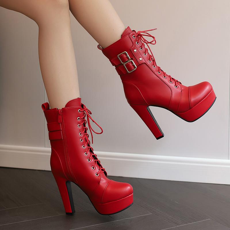 Women's High Heel Short Boots Autumn and Winter New Waterproof Platform Thick Heel Versatile Large Roman Short Boots