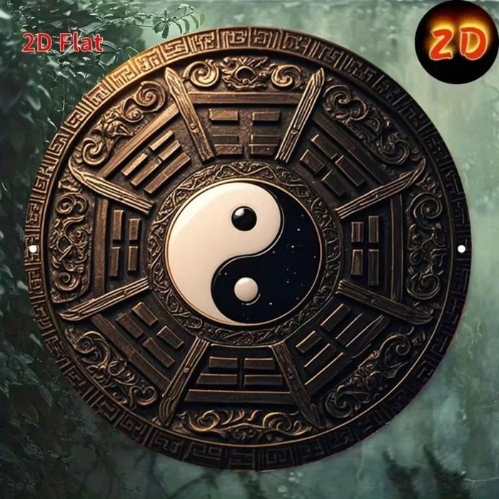 Metal Wall Poster Taoism Taiji Bagua Pattern Vintage Round for Living Room