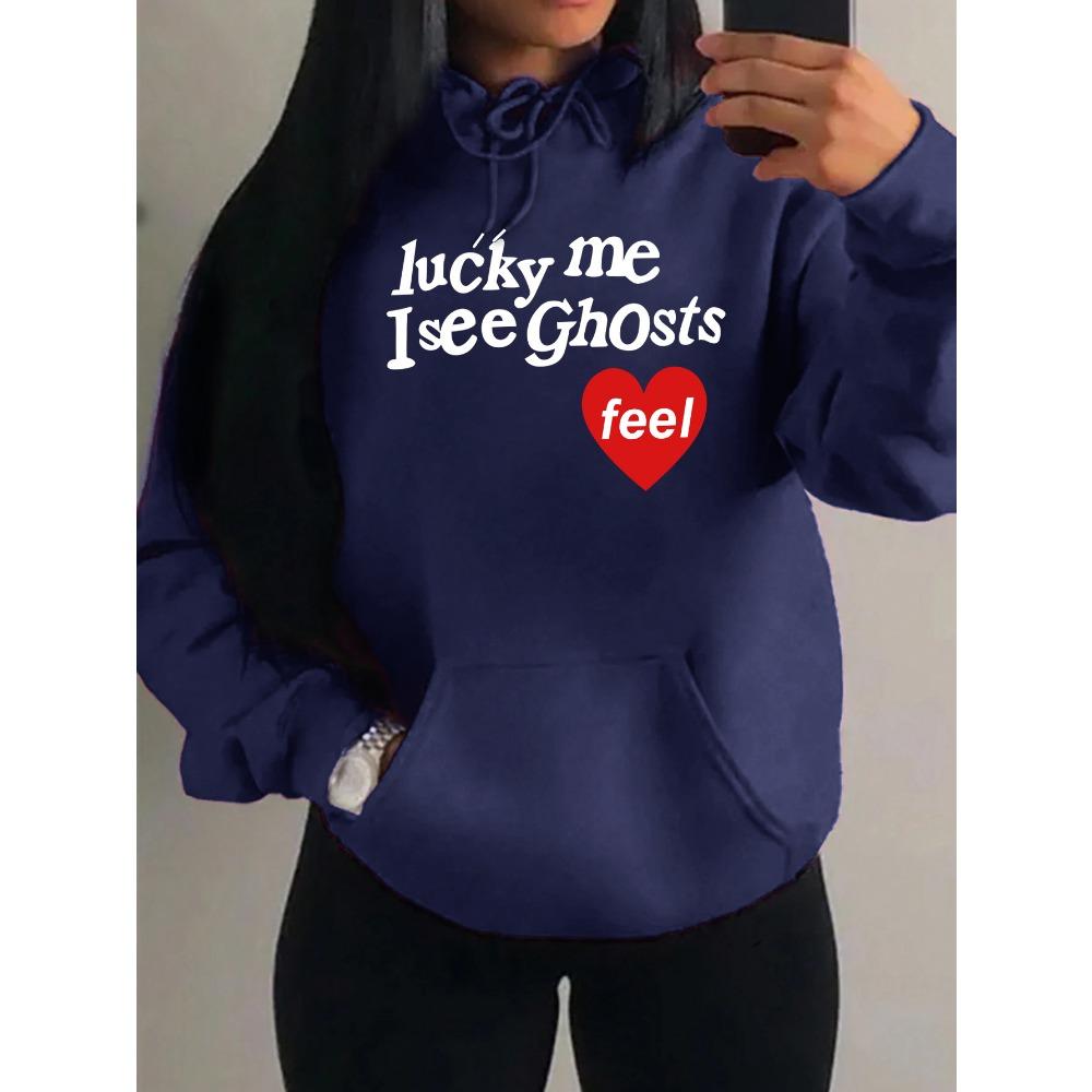 Glücklich ich sehe Geister Kunst Buchstabenmuster Damen Hoodie Herbst Mehrfarbig Hoodies Streetwear Fleece Tasche Kapuzenpullover