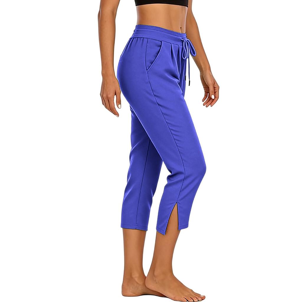 Women's High Waist Split Hem Capri Pants Casual Sporty Gym Workout Yoga Lounge Pants with Drawstring Waist and Side Pockets