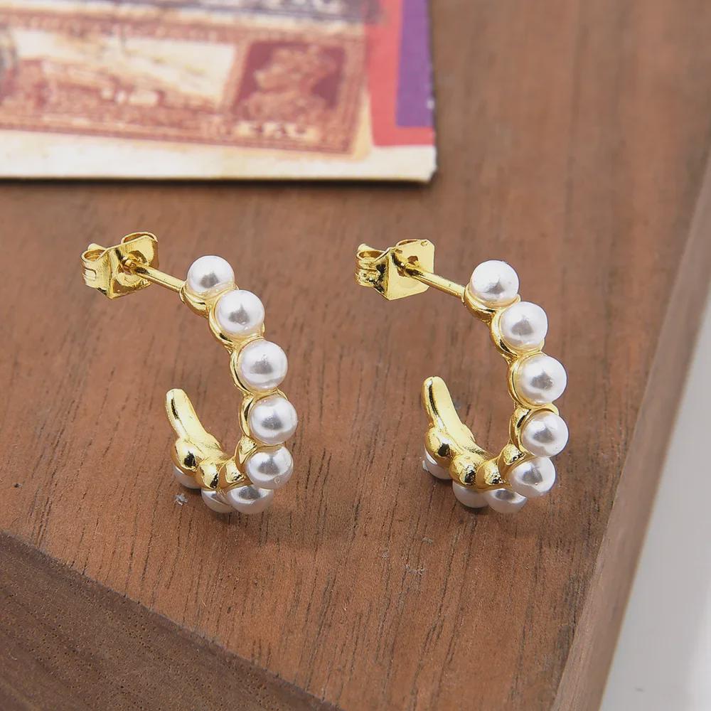 Elegant Copper Zircon & Pearl Hoop Earrings for Women - Real Gold Color-Preservation