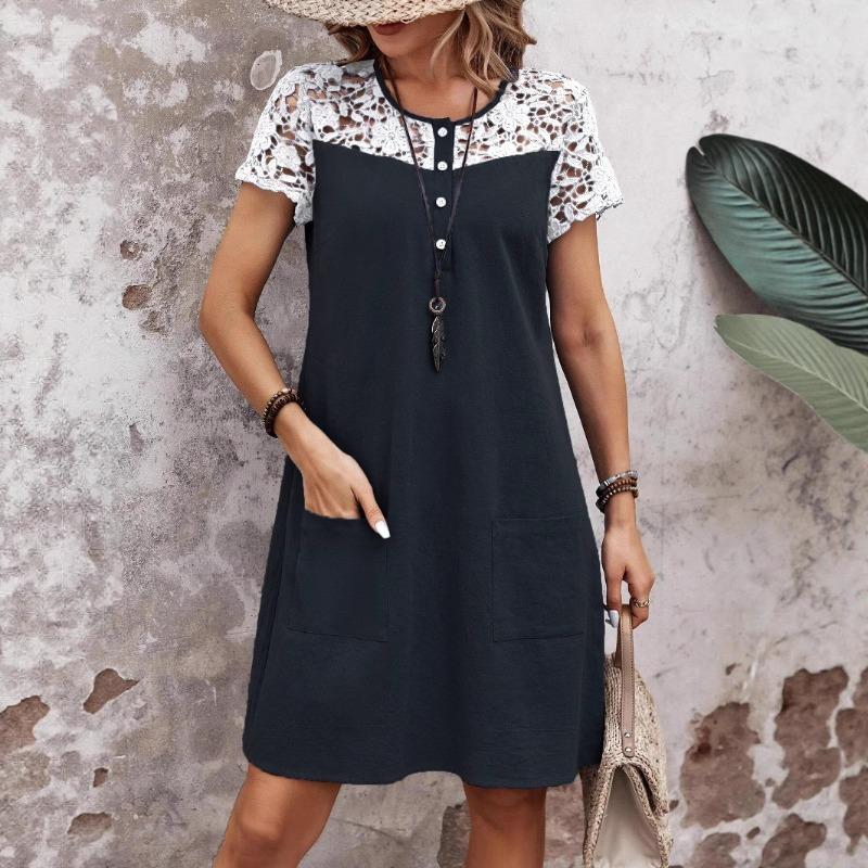 Damen Freizeit Lockeres Kleid Frühling Sommer Kurzärmelig O-Ausschnitt Color Block Spitze Einsätze Design mit Seitentaschen Kleider