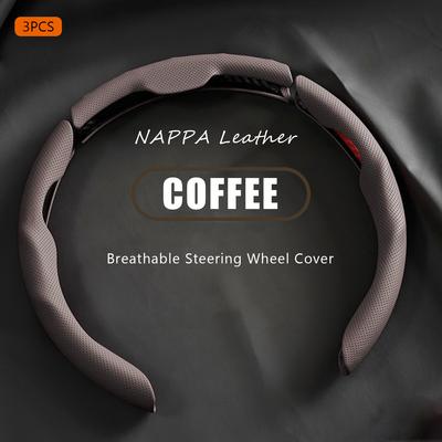 3PCS NAPPA Leather Universal Car Steering Wheel Cover Breathable Anti Slip Car Decoration 37-38cm Resistant Automotive Parts