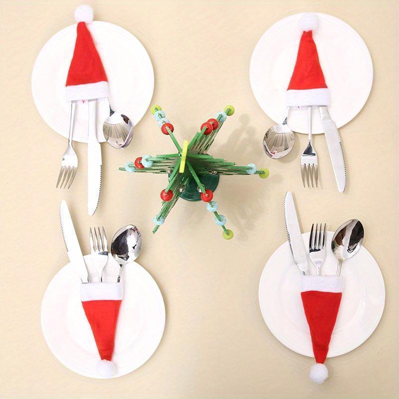 10PCS Christmas Mini Christmas Hat Red Knife And Fork Set Wine Bottle Cover Christmas Small Hat Table Decoration Supplies