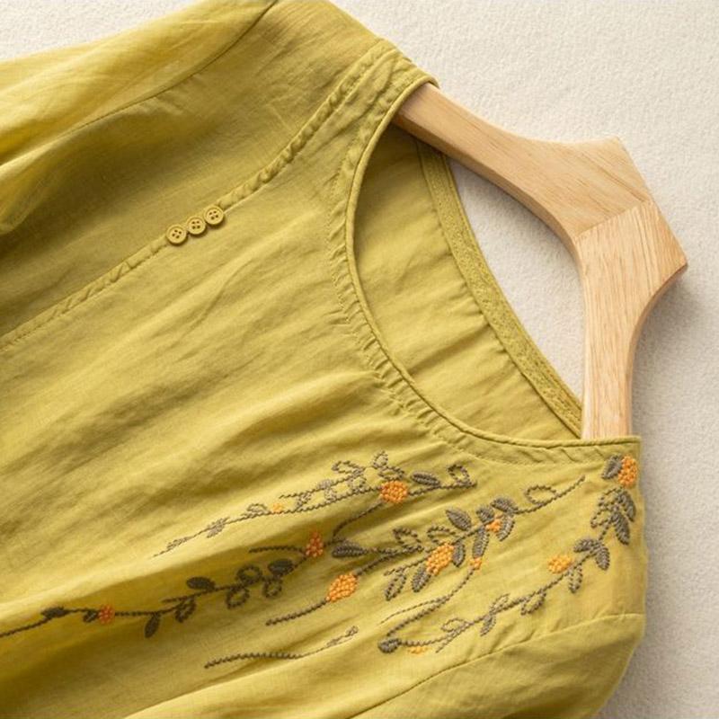 Cotton Short-sleeved Shirt Blouse Women Summer Retro Round Neck Loose Breathable Soft Fit Hemp T-shirt Tops